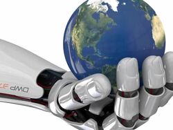 Cyborg robot with world in hand Stock Footage