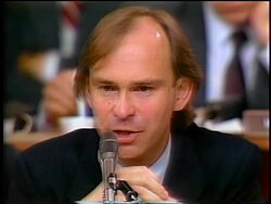 July, 1987 close up House counsel John Nields asking Oliver North question during Iran-Contra hearings Stock Footage