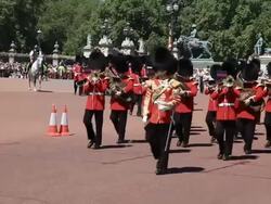 Grenadier Guards Band at the Changing of the Guard Ceremony at Buckingham Place in London Stock Footage