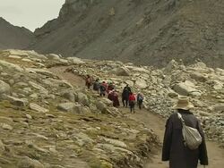 Wide Shot Pilgrims doing circumambulation around Mount Kailash Lhasa Tibet China Stock Footage