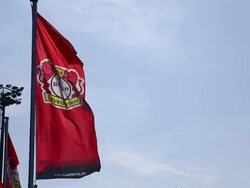 Close up of Leverkusen flag in front of stadium. Stock Footage