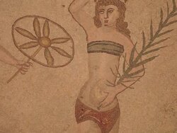 Piazza Armerina (villa Romana del Casale),vestibule, double floors,  room of ten girls in bikinis Stock Footage