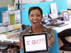 MS Portrait of Businesswoman Holding Tablet Computer with the Message "I Quit!!" / Richmond, Virginia, USA Stock Footage