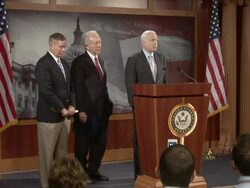 June 2009 MS Senators Lindsay Graham, John McCain and Joseph Lieberman criticising the Obama administration's policy on the post-election unrest in Iran / Washington D.C. / June 25, 2009 / AUDIO Stock Footage