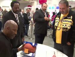 James Worthy Greets Fans At T-Mobile And Gears Up For NBA All-Star 2011 In Los Angeles Stock Footage