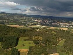 AERIAL WS Fields in Alps countryside west of Vienne / Isere, France Stock Footage