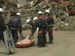 Destruction in Rikuzentakata, Iwate Prefecture, Japan on 2nd April 2011; 3 weeks after the tsunami following the Tohuku earthquake of March 2011. Stock Footage