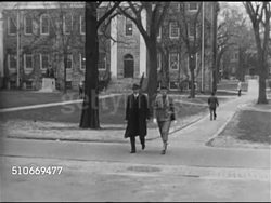 1951: HARVARD UNIVERSITY CAMPUS: CU Inscribed stone sign 'Lamont Library', Students walking on sidewalk in front of Lamont Library, President James B. Conant (1893-1978) walking Yard w/ wife, walking to Massachusetts Hall office, Sign.  Ivy league. Instructional Video