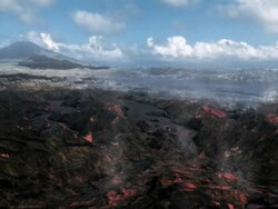 Extreme Long Shot static - Waves flood a smoldering region in a computer-generated animation. / Washington, D.C., USA Stock Footage