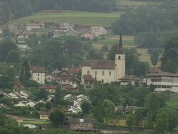 MS AERIAL Shot of church and houses at Evian les Bains city / Rhone Alpes, France Stock Footage
