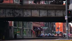 Accident in the building with fire track and ambulance Stock Footage