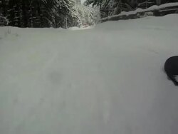 POV from a snowboard of forest trees, a road and a bridge. - Model Released - HD Stock Footage
