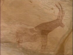 MCU panning left across cave paintings in Tassili mountains, Algeria, Africa Stock Footage