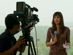 MS Shot of television news crews preparating for G8 meeting / Hokkaido Toyako, Japan Stock Footage