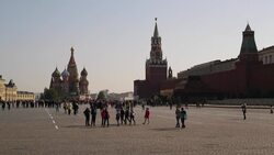 St Basils Cathedral and the Kremlin in Red Square, Moscow, Russia Stock Footage