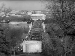 B/W 1963 high angle long shot zoom in funeral procession for John Kennedy toward Lincoln Memorial / newsreel Stock Footage