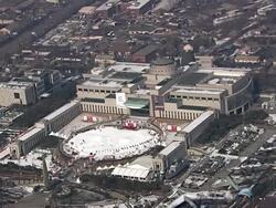 MS AERIAL Shot of Cityscape of Yongsan with War Memorial Hall / Seoul, Yongsan gu, South Korea Stock Footage