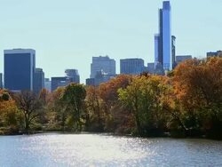 MS PAN Shot of autumn color trees and Manhattan skyline and Lake which illuminated by sun / New York, United states Stock Footage