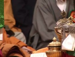 MS Monks ringing bells and sitting in front of metal jars AUDIO / Dharamsala, Himachal Pradesh, India Stock Footage