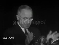 1952: HARRY S. TRUMAN:  WS People crowded at political rally. VS United States President Harry Truman (1884-1972) speaking at podium (partial SOT), talking about government corruption, crowds clapping & cheering. Instructional Video