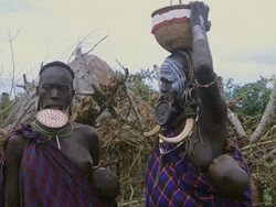 MS Tribe Mursi women with clay pot in lip / Jinka, Ethiopia Stock Footage