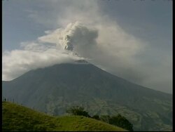 WA grey smoke and ash cloud billow from crater into sky, zoom in to CU, Mount Tunguragua, Ecuador Stock Footage