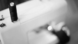 Sewing machine, thread, black and white Stock Footage