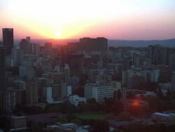 Aerial of Johannesburg Central Business District at sunset/sunrise Stock Footage