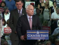 September 16, 2008 MS Republican presidential candidate John McCain speaking at town hall campaign event as Florida senator Mel Martinez stands behind him/ Tampa, Florida/ AUDIO Stock Footage