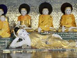 WS Reclining Buddha statue in shwedagon pagoda / Yangon, Yangon Division, Myanmar Stock Footage