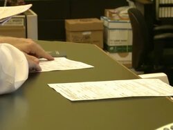 CU TD ZO Two men getting marriage license from county clerk's office inside San Francisco City Hall/ San Francisco, California/ AUDIO Stock Footage