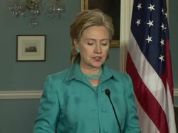 June 2009 MS US Secretary of State Hillary Clinton discussing efforts for peace settlement in Israel-Palestine in press conference at the State Department / Washingtin D.C. / June 17, 2009 / AUDIO Stock Footage