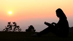 HD:Silhouette of woman touching and using tablet on sunset time Stock Footage