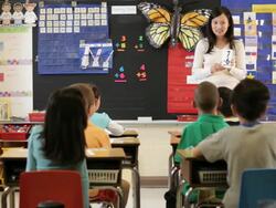 MS PAN Teacher teaching maths in classroom with flash cards / Richmond, Virginia, United States   Stock Footage