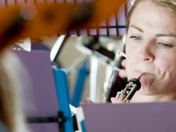 Oboe player in orchestra Stock Footage