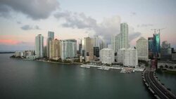 View from Brickell Key, a small island covered in apartment towers, towards the Miami skyline, Miami, Florida, USA Stock Footage