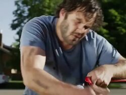 SLO MO MS Man struggling with lawnmower / Provo, Utah, USA Stock Footage