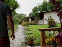 MS POV Man walking along an ecotourism resort / Tena, Napo, Ecuador Stock Footage
