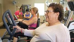 Beautiful diverse senior women work out at senior center Stock Footage