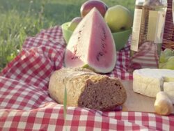 Picnic basket on meadow. Stock Footage