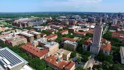 Flying Near Austin , Texas Campus Clock Tower University of Texas at Austin in 4K Stock Footage