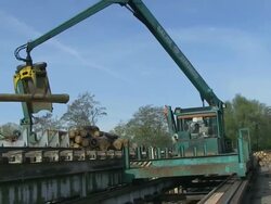 MS PAN Log moving through log lift crane in lumberyard at saw mill / Schweich, Rhineland Palatinate, Germany Stock Footage