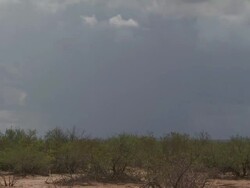 Sonoran desert, zooms in to rain under storm in distance, Arizona, USA Stock Footage