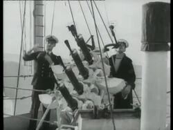 Sailors prepare and fire battleship guns at aircraft, on exercise, Malta, 1939 Stock Footage