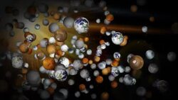 Grey, brown and white universe planets fly across a sunlit background. Stock Footage