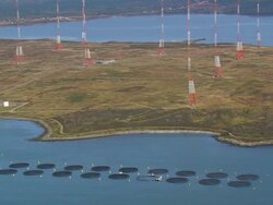 WS AERIAL View of Two Fish Farm in front of Island with tower  / Maine, United States Stock Footage