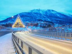 Arctic Cathedral action in winter at dusk, Tromso Troms, Norway Stock Footage