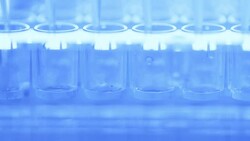 Scientist transfer mix small volume liquids within 96 well dishes, Slow motion Stock Footage