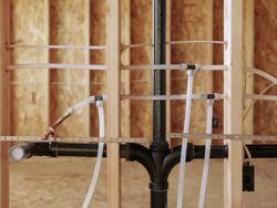 MS PAN Shot of Interior of home under construction  plumbing work / Portland, Oregon, United States Stock Footage
