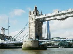 PAN London Tower Bridge And Southwark Borough Stock Footage